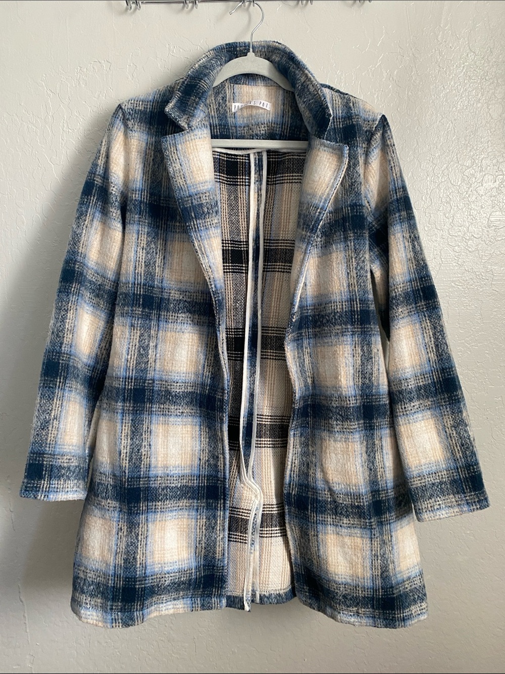 Potter's Pot Blue & Cream Plaid Open-Front Pea Coat